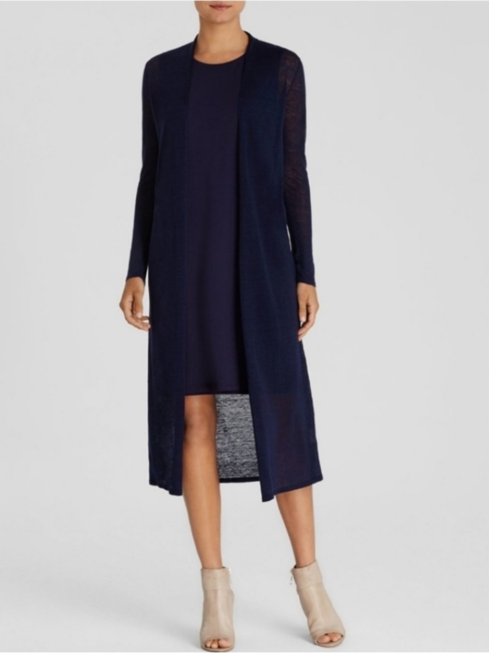 EILEEN FISHER Navy Long Sleeve Sheer Hemp Blend Duster Cardigan ❤️❤️
